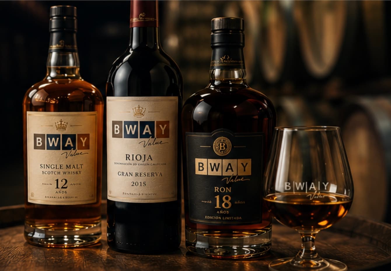 Botellas y copa con identidad BWAY
